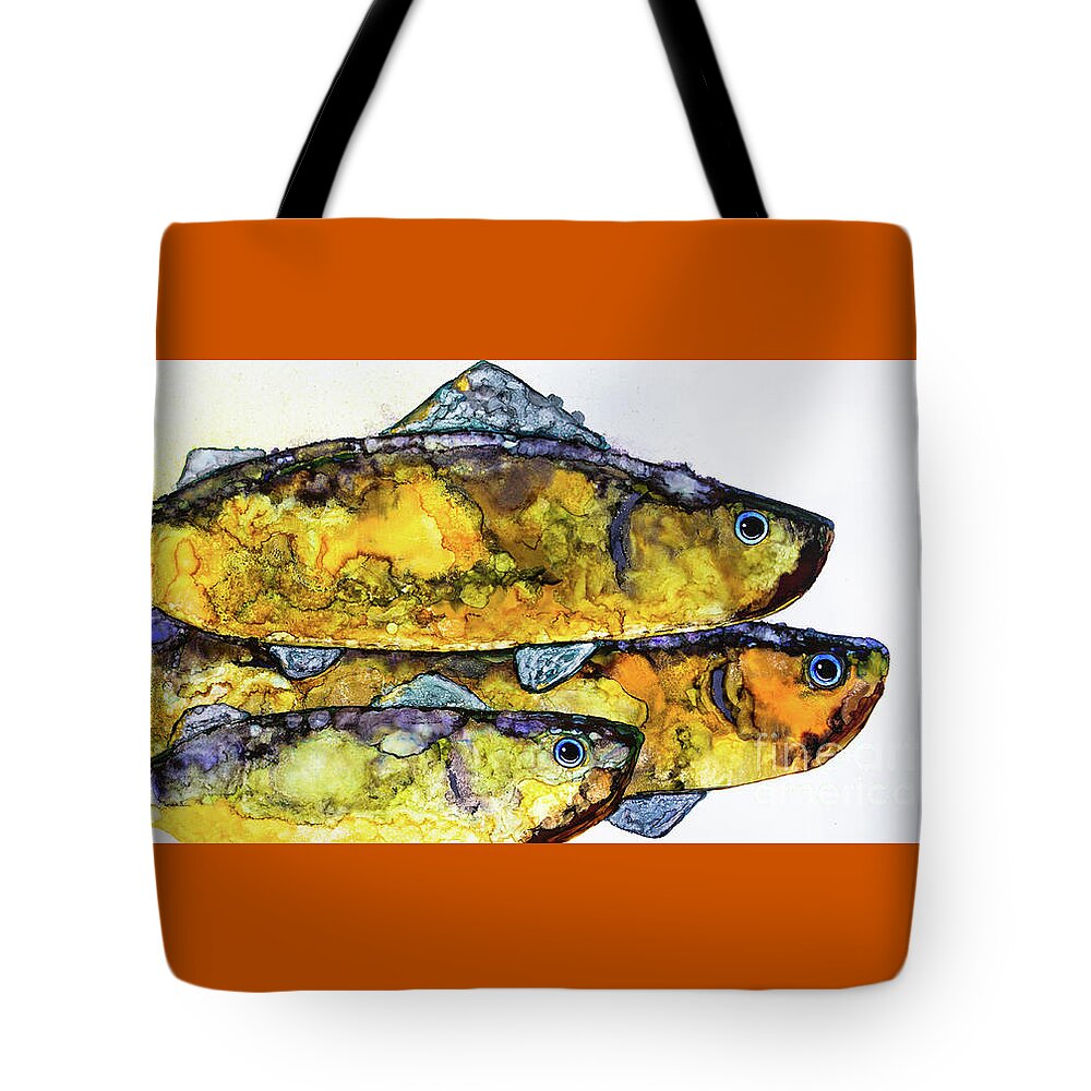 Fish Tote Bag featuring the painting Late for School by Jan Killian