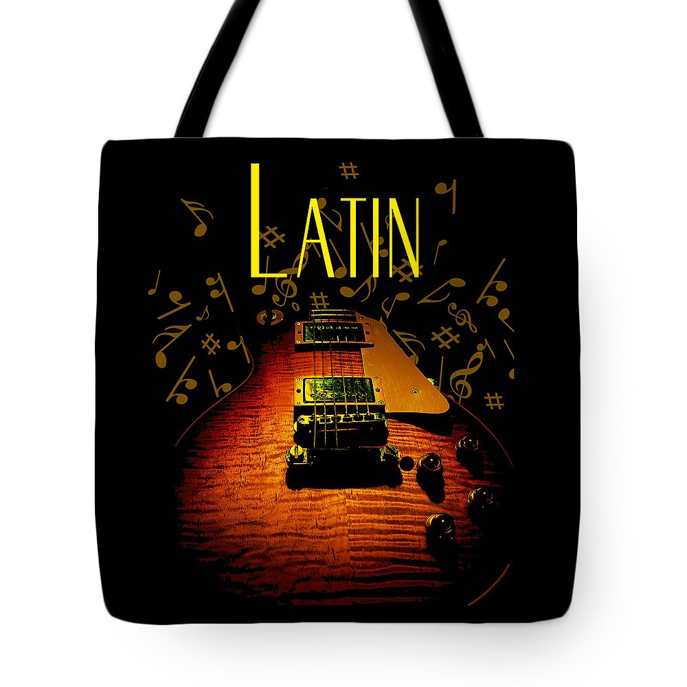 Spanish Tote Bag featuring the digital art Latin Guitar Music Notes by Guitarwacky Fine Art