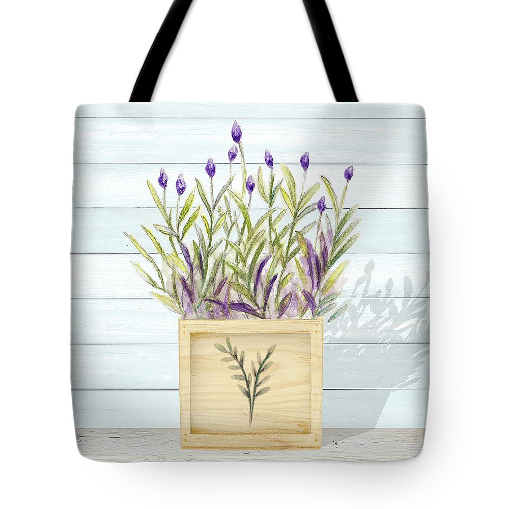 Lavender Tote Bag featuring the mixed media Lavender And Wood Square II by Janice Gaynor