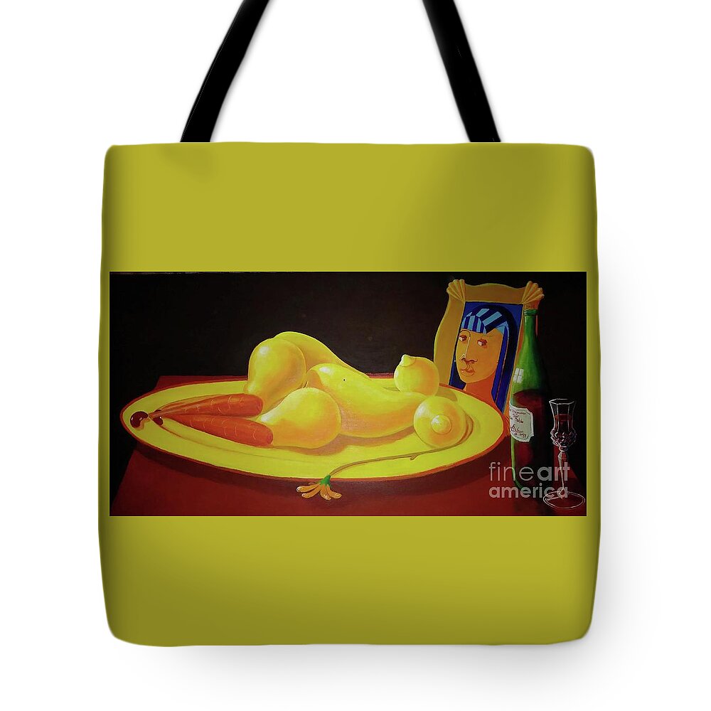 Visual Pun; Double Imagery; Alternative Reality; Optical Illusion; David G Wilson; Tote Bag featuring the painting Le Dejeuner Sur Le Plat d Or by David G Wilson
