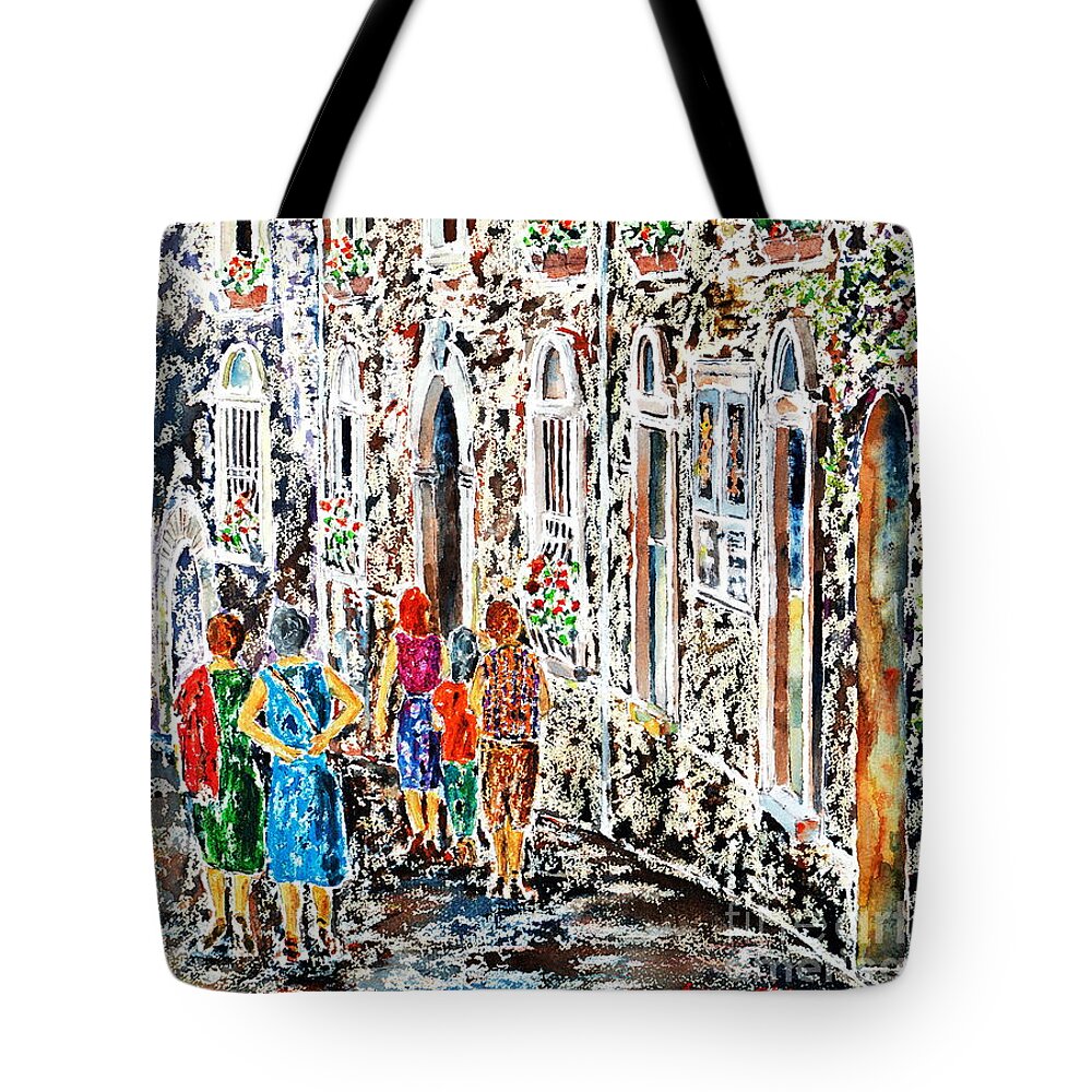 Watercolor Tote Bag featuring the painting Le donne di Bertinoro by Almo M