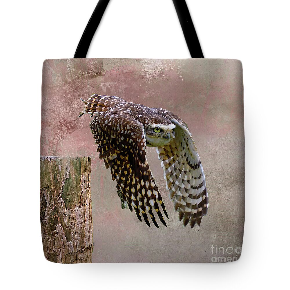 Burrowing Owl Tote Bag featuring the mixed media Leap of Faith by Kathy Kelly