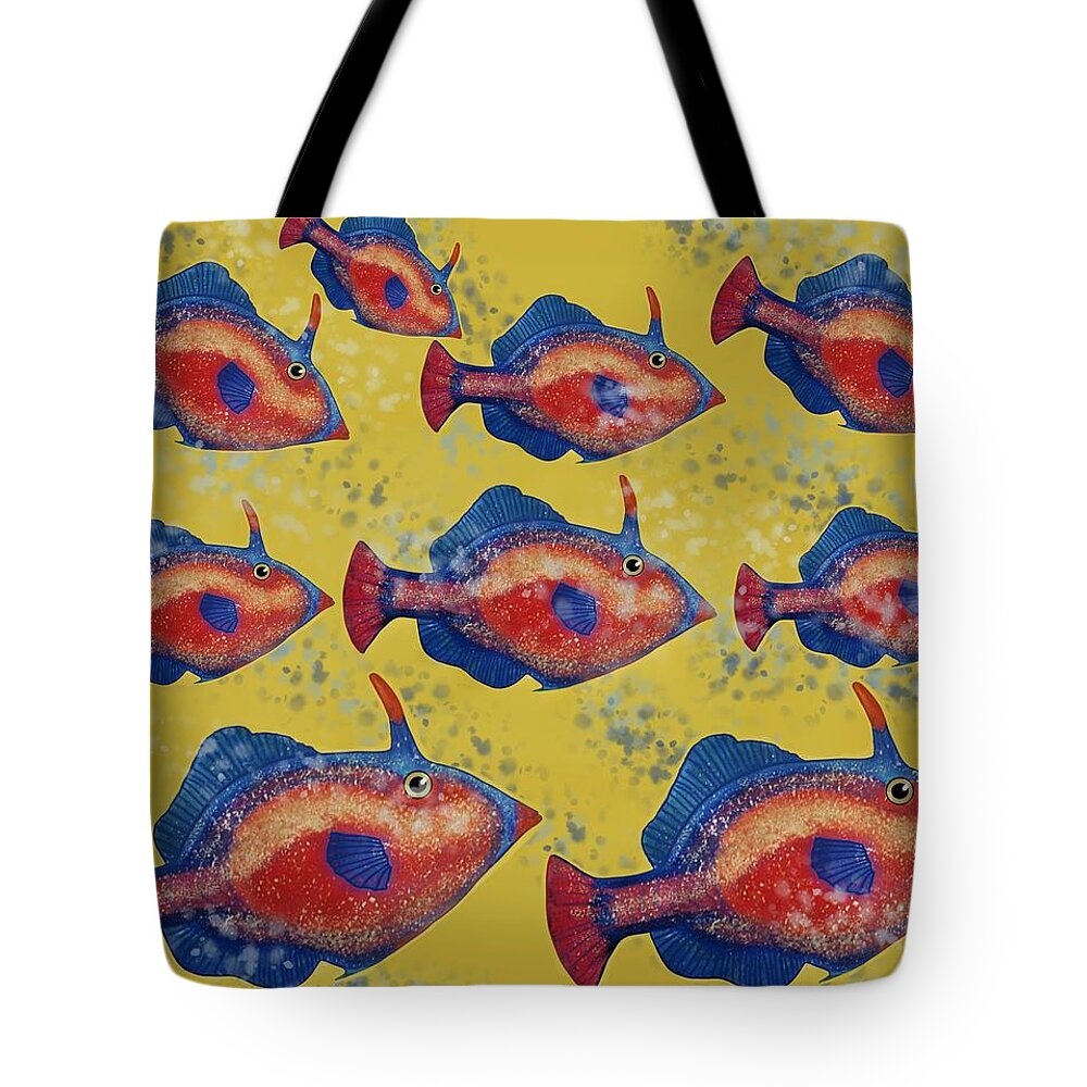 Fish Tote Bag featuring the mixed media Leather Jacket School by Joan Stratton