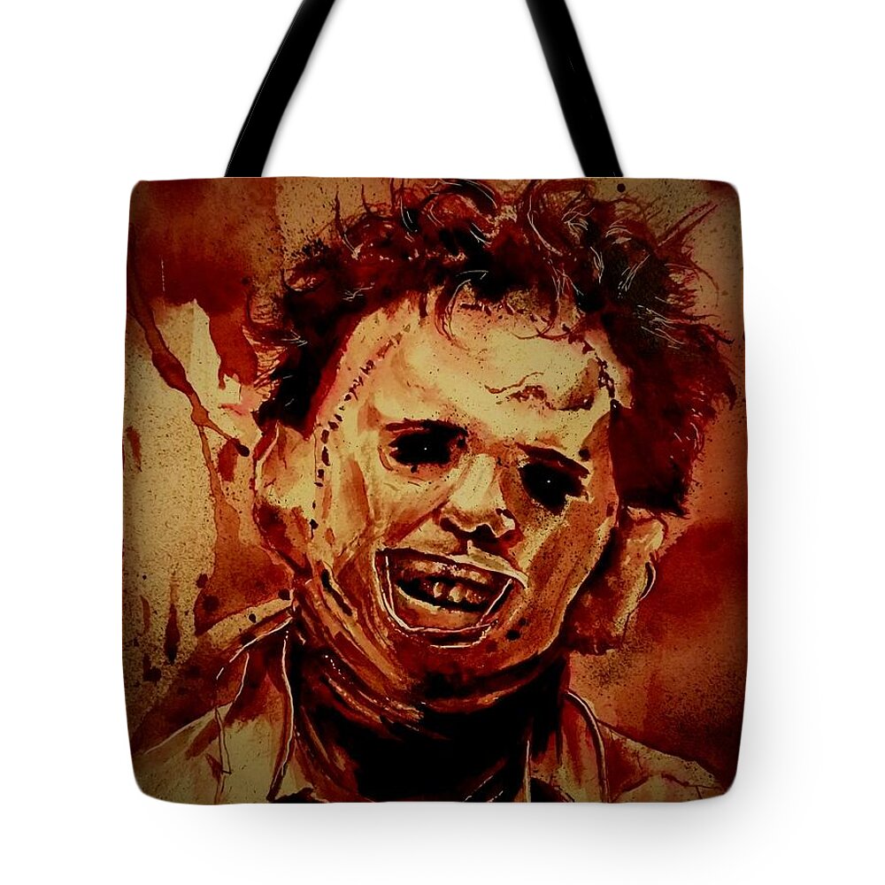 Ryanalmighty Tote Bag featuring the painting LEATHERFACE fresh blood by Ryan Almighty