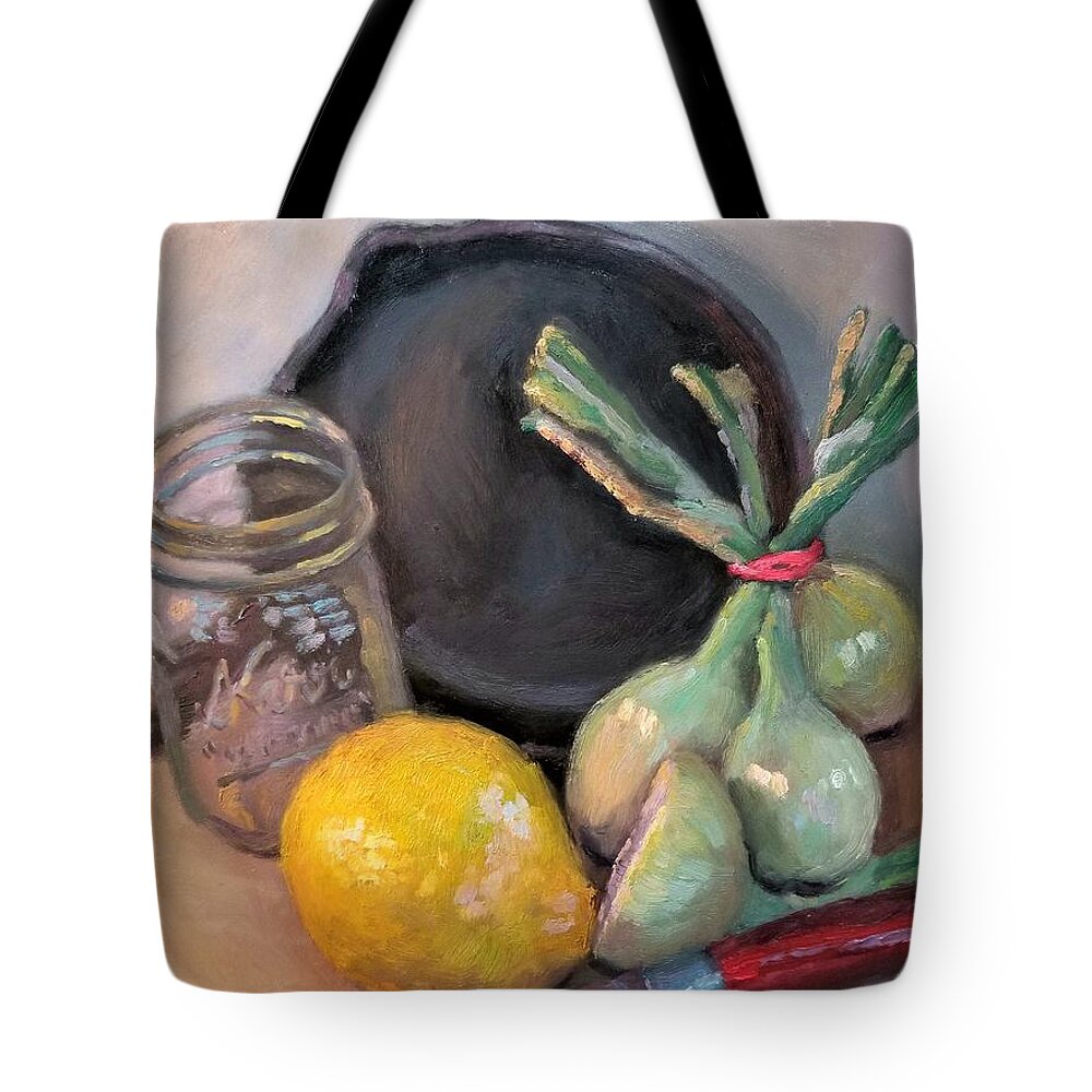Oil Paintng Tote Bag featuring the painting Lemon and onions by Jeff Dickson