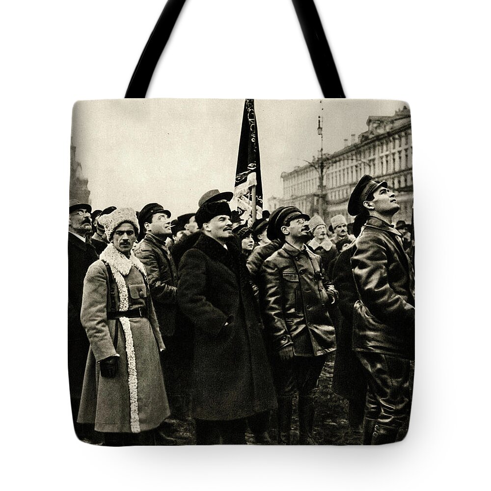 Lenin Tote Bag featuring the photograph Lenin Vladimir Ilyich Ulyanov Said, 1870-1924 And Yakov Sverdlov 1885-1919 In Front Of The Provisional Monument To Karl Marx 1818-1883 And Friedriech Engels 1820-1895, Moscow, November 7, 1918 - by Russian Photographer