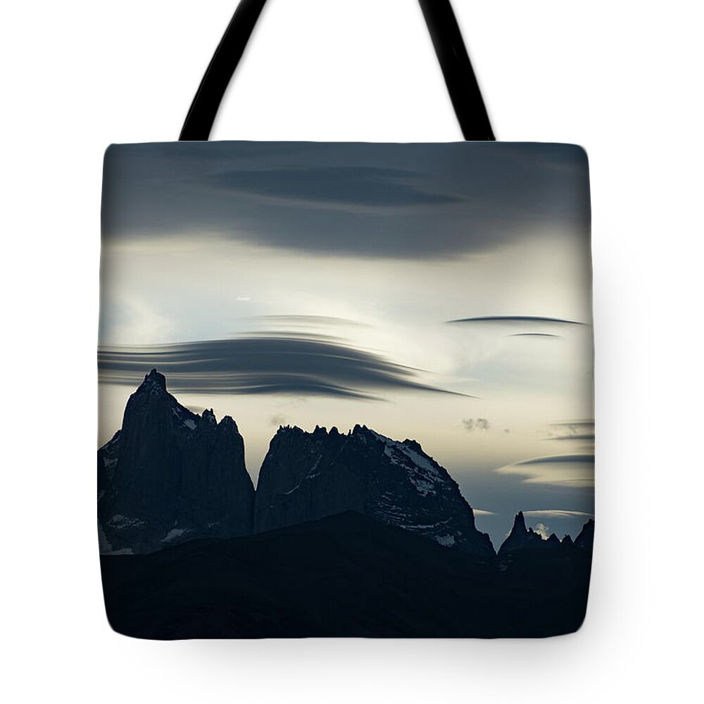 Dusk Tote Bag featuring the photograph Lenticular Clouds above the Torres del Paine at Dusk by Mark Hunter