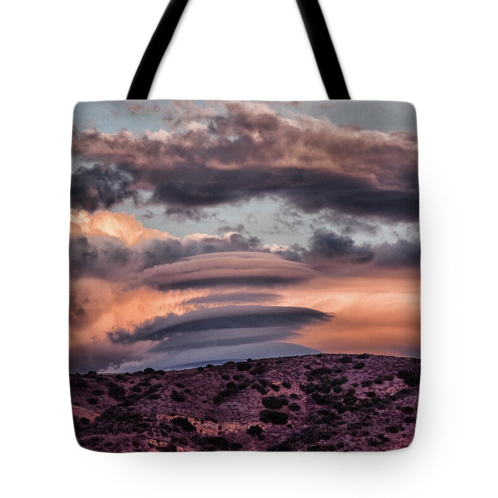 Linda Brody Tote Bag featuring the digital art Lenticular Clouds at Sunset 1 by Linda Brody