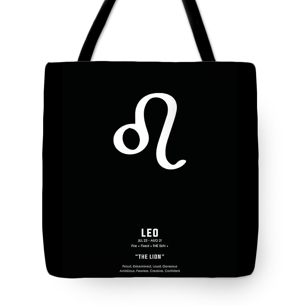 Leo Tote Bag featuring the mixed media Leo Print 2 - Zodiac Signs Print - Zodiac Posters - Leo Poster - Black and White - Leo Traits by Studio Grafiikka