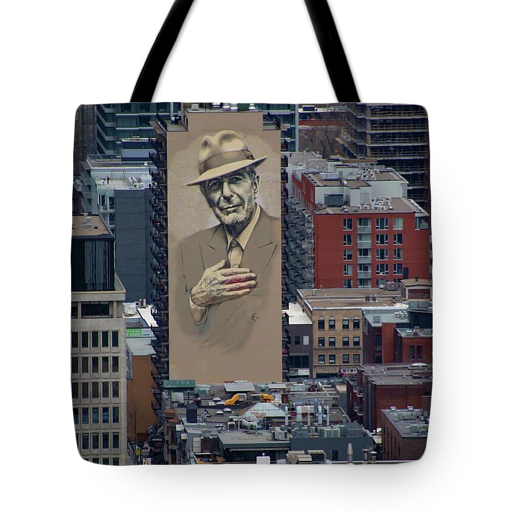 Montreal Tote Bag featuring the digital art Leonard Cohen Mural Montreal by Marlin and Laura Hum