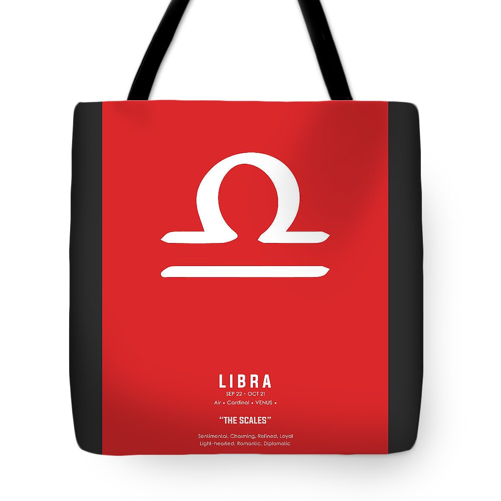 Libra Tote Bag featuring the mixed media Libra Print - Zodiac Signs Print - Zodiac Posters - Libra Poster - Red and White - Libra Traits by Studio Grafiikka
