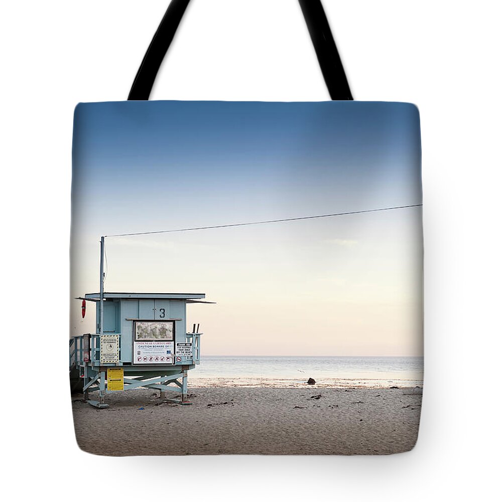 Tranquility Tote Bag featuring the photograph Lifeguard Hut On Sandy Beach by Max Bailen