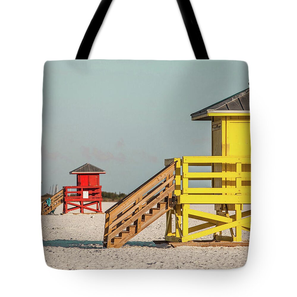 Shadow Tote Bag featuring the photograph Lifeguard Stands by Barbara Friedman
