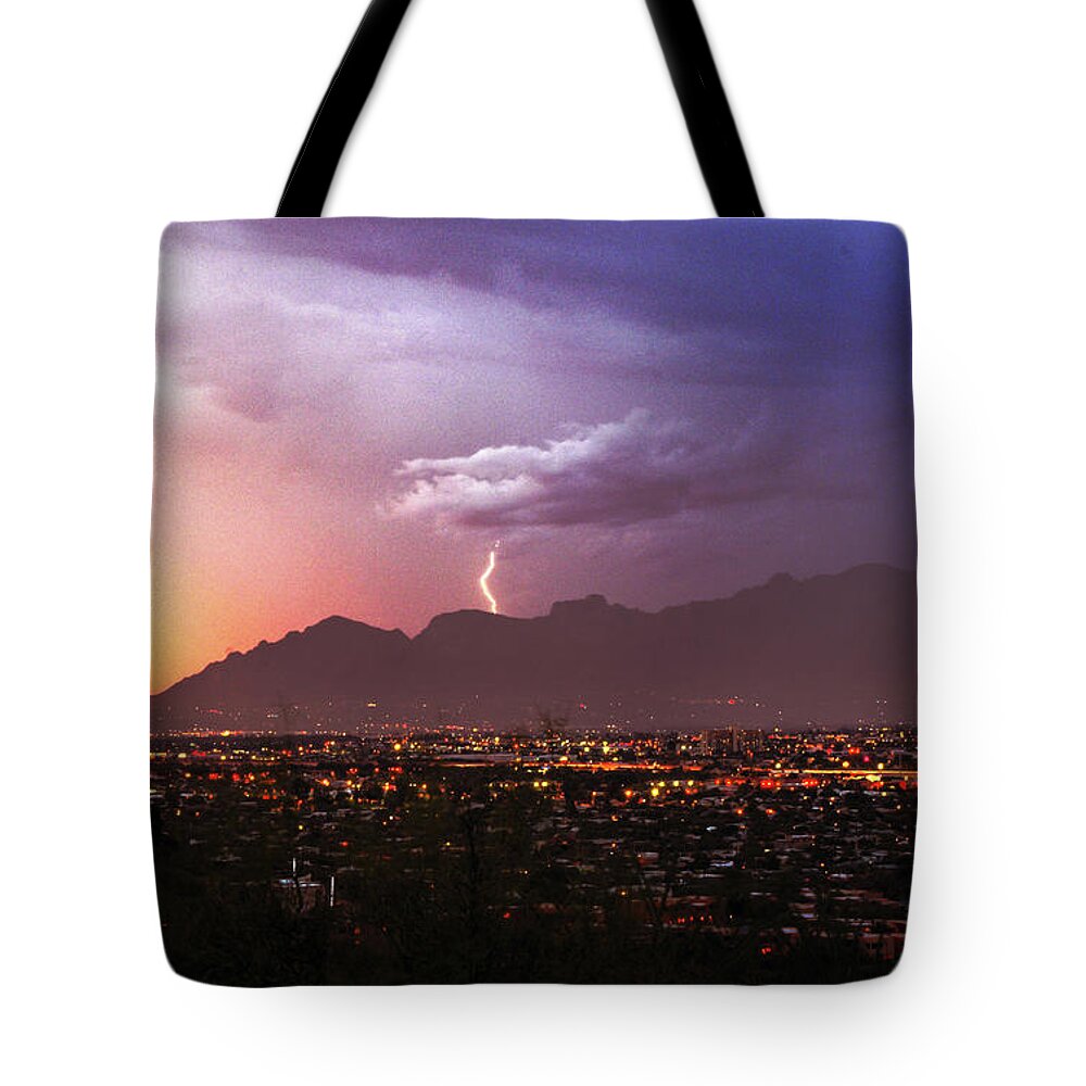 Lightning Tote Bag featuring the photograph Lightning bolt over the Santa Catalina Mountains and Tucson, Arizona by Chance Kafka