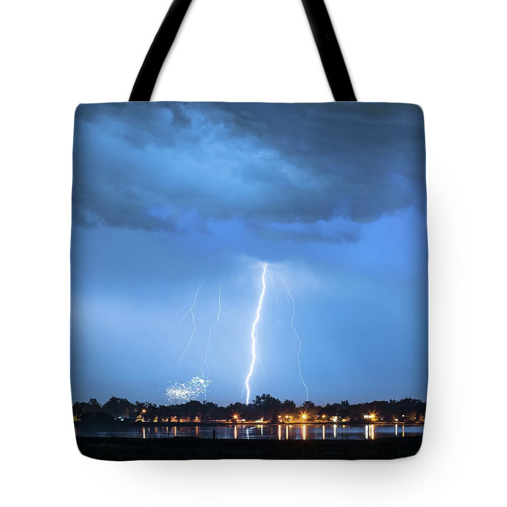 Power Tote Bag featuring the photograph Lightning Raining Down with Some Firework Sprinkles by James BO Insogna