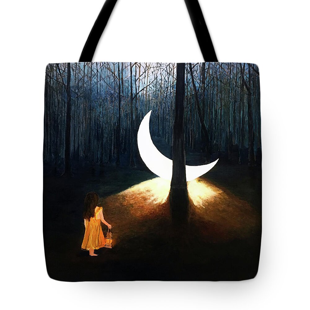 Moon Tote Bag featuring the painting L'il Luna by Thomas Blood