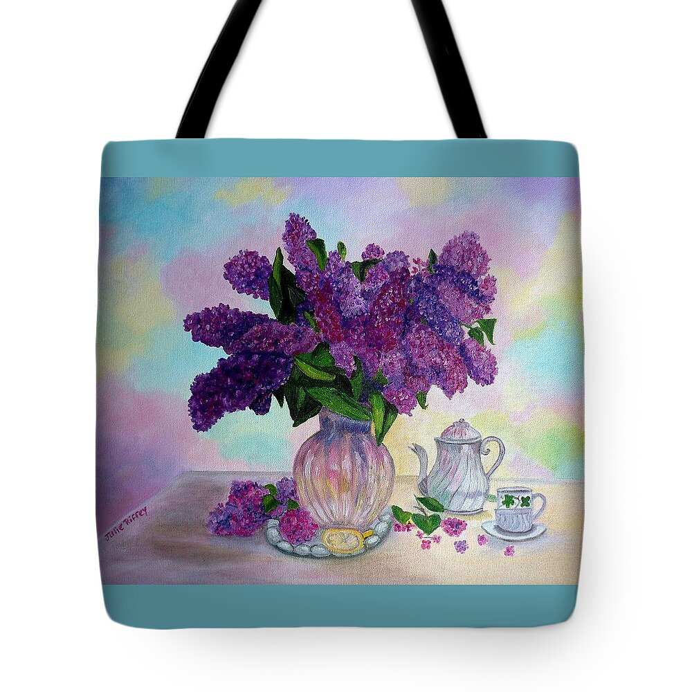 Lilacs Tote Bag featuring the painting Lilac Spring Tea by Julie Brugh Riffey