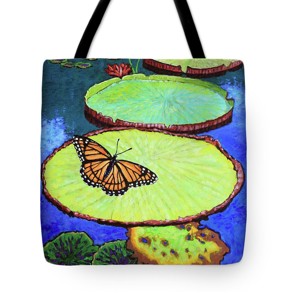 Butterfly Tote Bag featuring the painting Lily Pads and Butterfly by John Lautermilch
