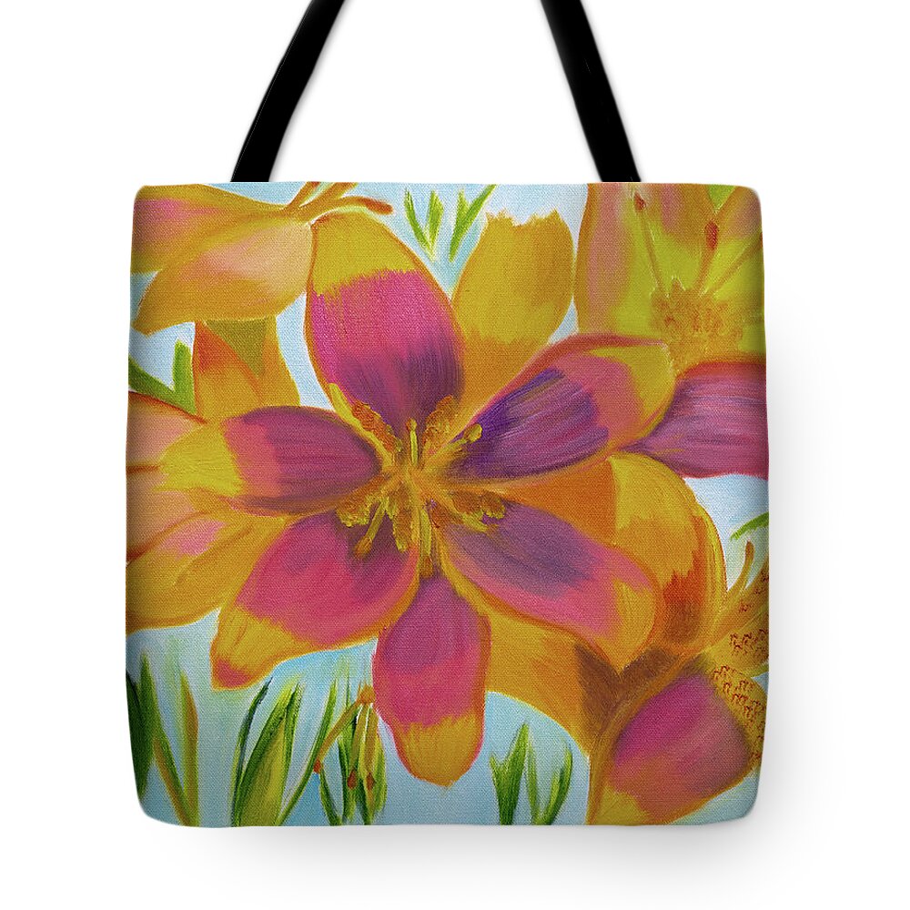 Lily Tote Bag featuring the painting Lily Stars by Meryl Goudey