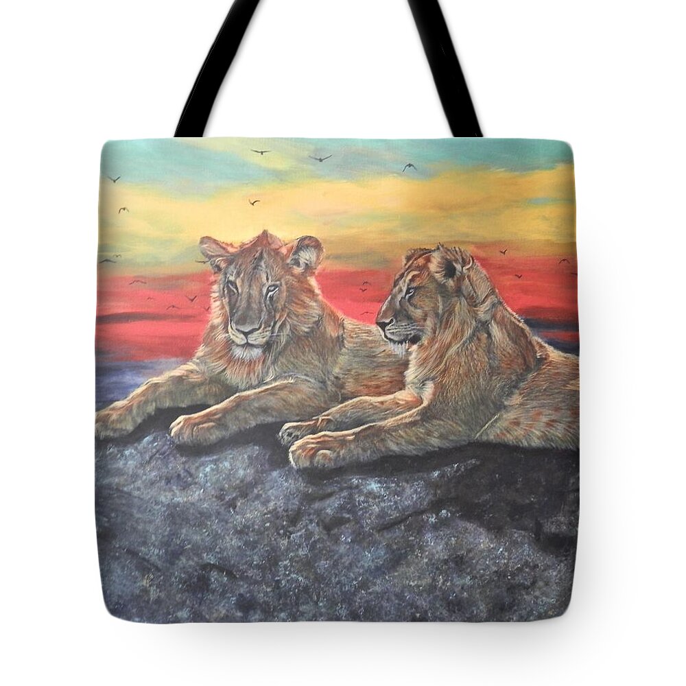 Lion Tote Bag featuring the painting Lion Sunset by John Neeve