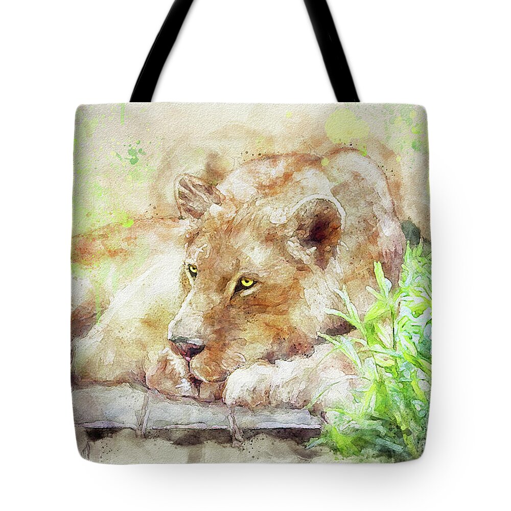 Animal Tote Bag featuring the digital art Lioness by Lois Bryan