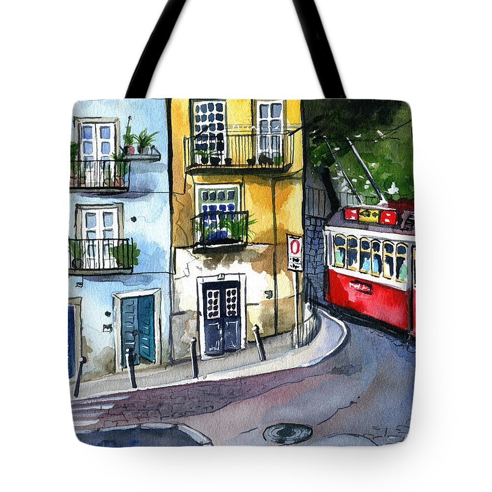 Lisboa Tote Bag featuring the painting Lisbon Alfama Rua do Salvador by Dora Hathazi Mendes