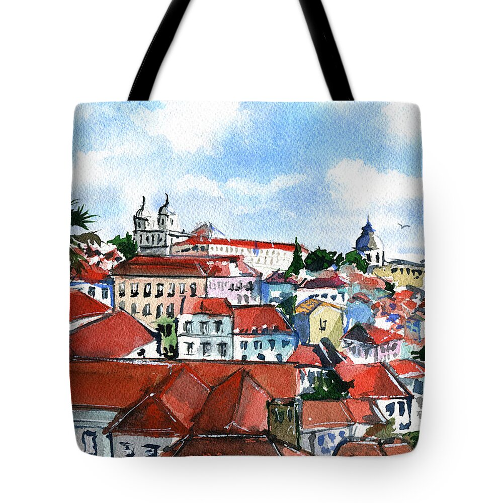 Portugal Tote Bag featuring the painting Lisbon by Dora Hathazi Mendes