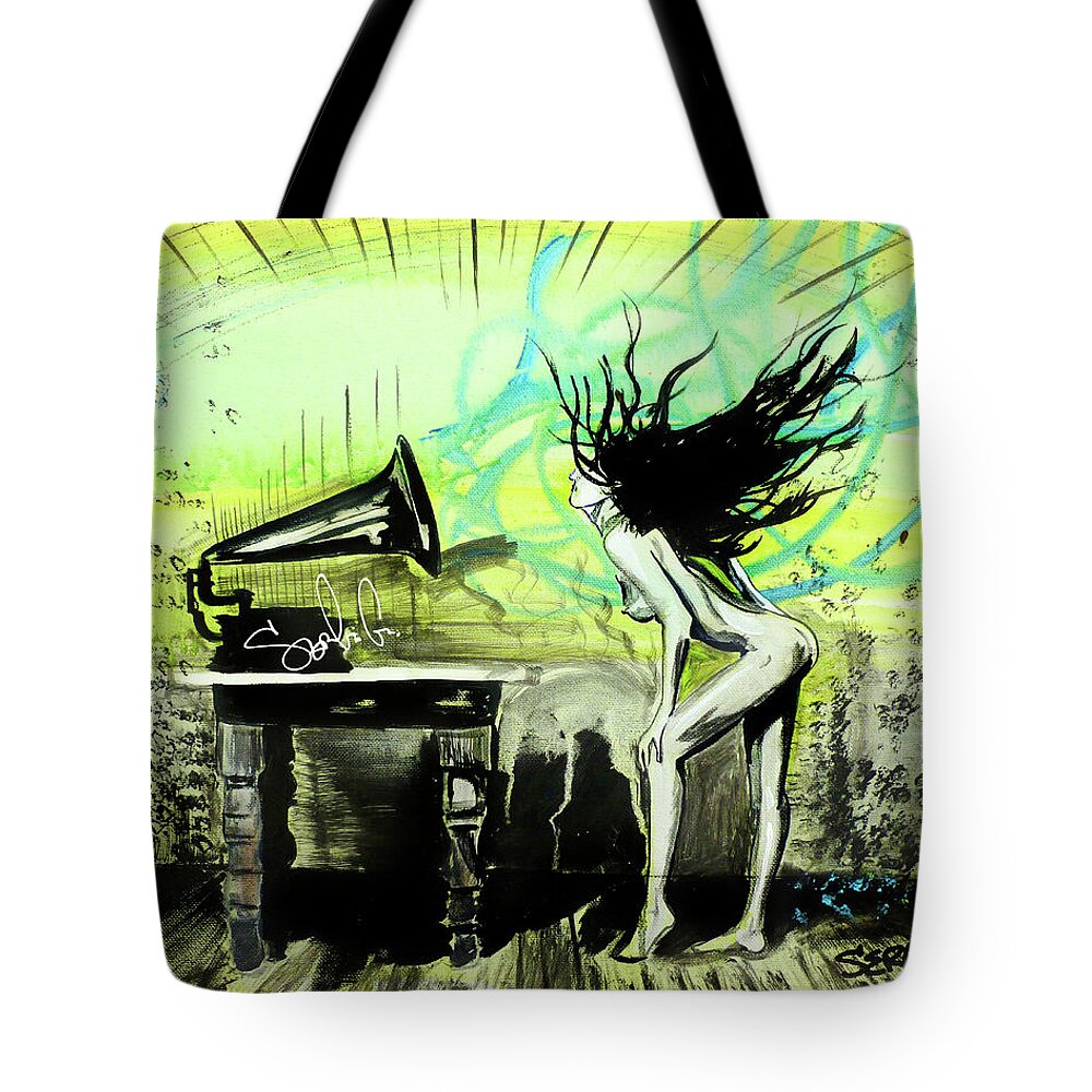 Woman Music Life Hair Lady Female Nude Beauty Beautiful Model Sexy Hair Feet Hands Ipod Headphones Recording Record Rustic B&w Black And White Green Abstract Tote Bag featuring the painting Listen To The Music by Sergio Gutierrez