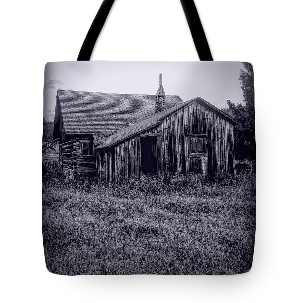 Wyoming Tote Bag featuring the photograph Little Cabin in Wyoming BW by Cathy Anderson