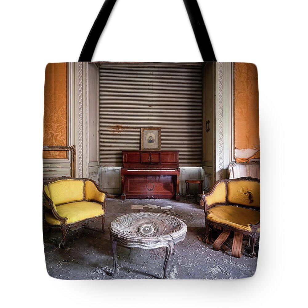 Urban Tote Bag featuring the photograph Living Room in Decay with Piano by Roman Robroek