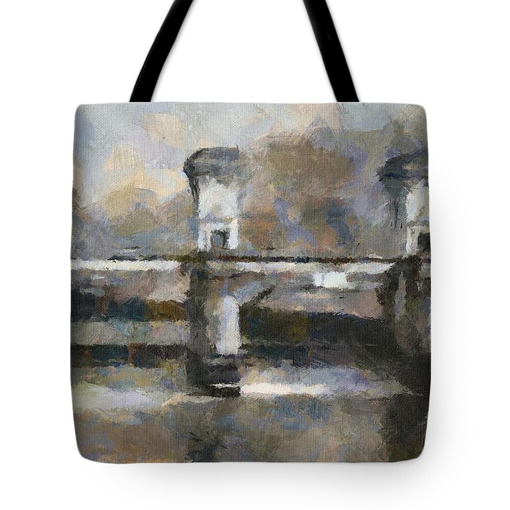 Painting Tote Bag featuring the painting Ljubljana River Barrier by Dragica Micki Fortuna