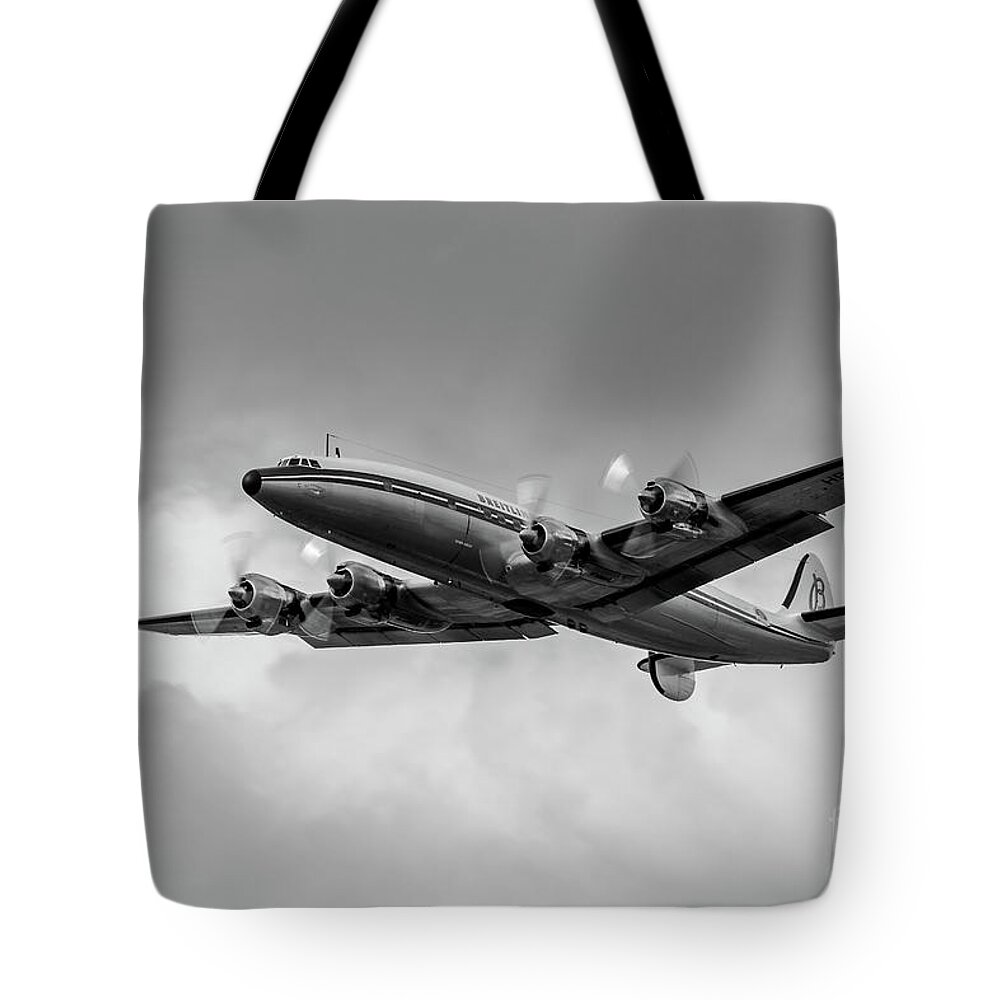 Lockheed Constellation Connie B&w Tote Bag featuring the photograph Lockheed Breitling Super Constellation by Andy Myatt