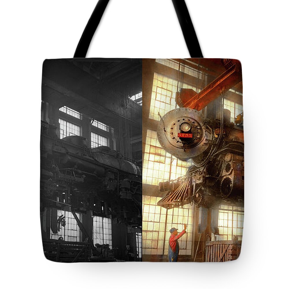 Train Art Tote Bag featuring the photograph Locomotive - Repair - Flying trains hidden dangers 1943 - Side by Side by Mike Savad