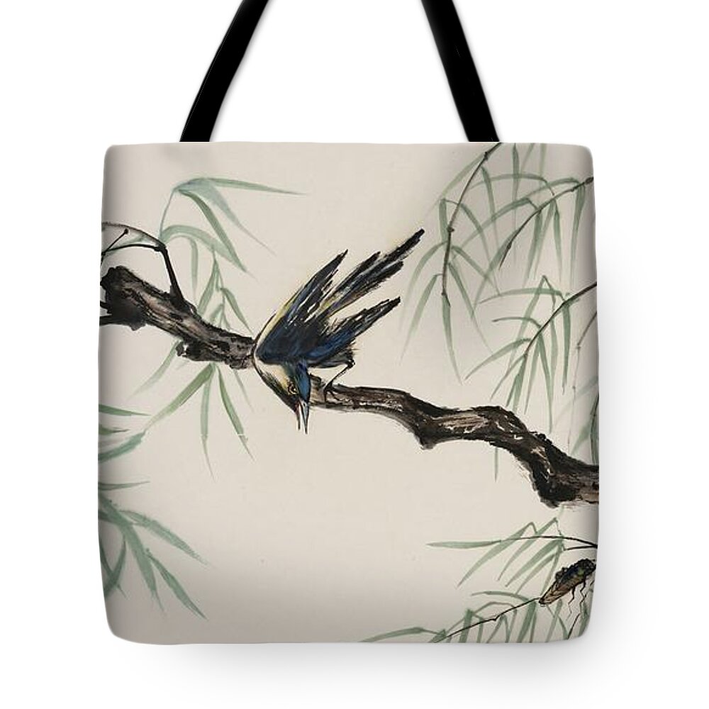 Chinese Watercolor Tote Bag featuring the painting Locust Lunch by Jenny Sanders