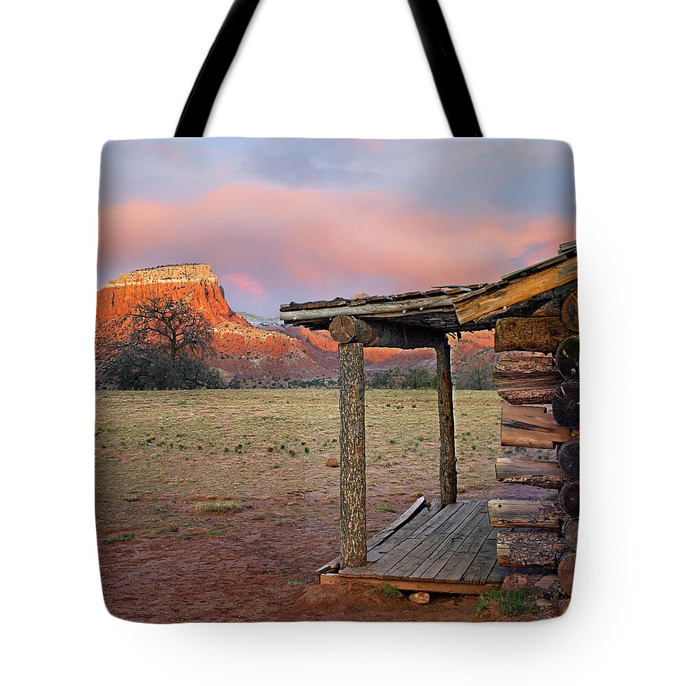 00586268 Tote Bag featuring the photograph Log Cabin, Kitchen Mesa, Ghost Ranch, New Mexico by Tim Fitzharris