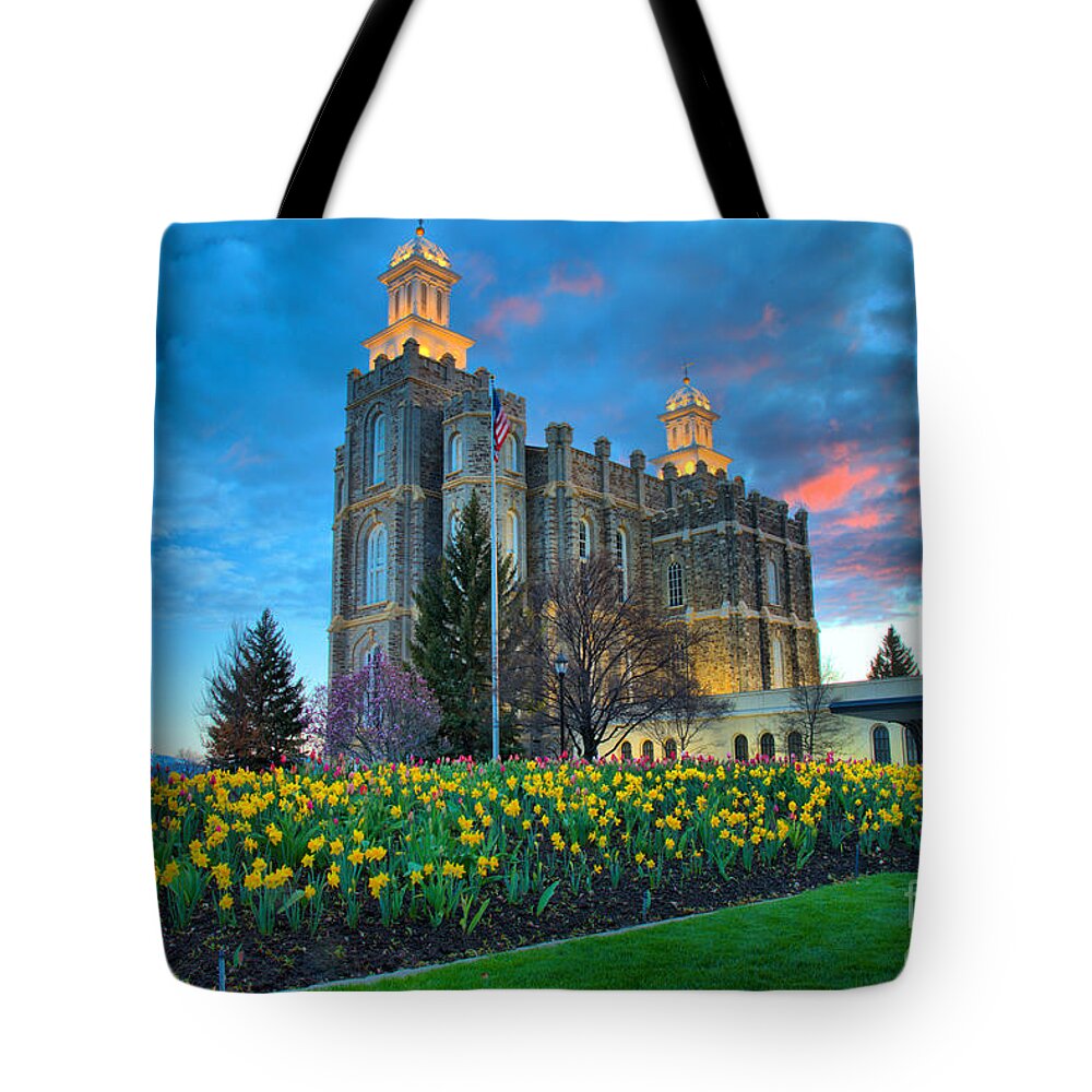 Logan Temple Tote Bag featuring the photograph Logan Temple Sunset by Adam Jewell