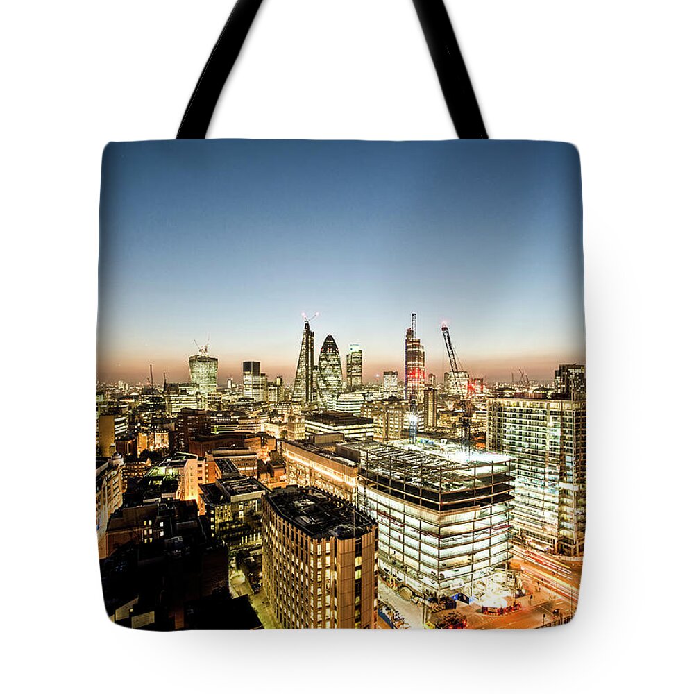 Clear Sky Tote Bag featuring the photograph London City Night Aerial Looking West by Howard Kingsnorth