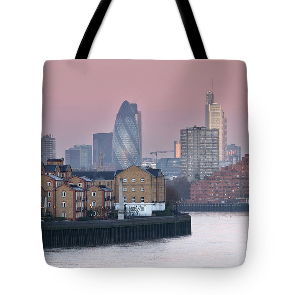Commercial Dock Tote Bag featuring the photograph London City View Down Thames by Sarahb Photography