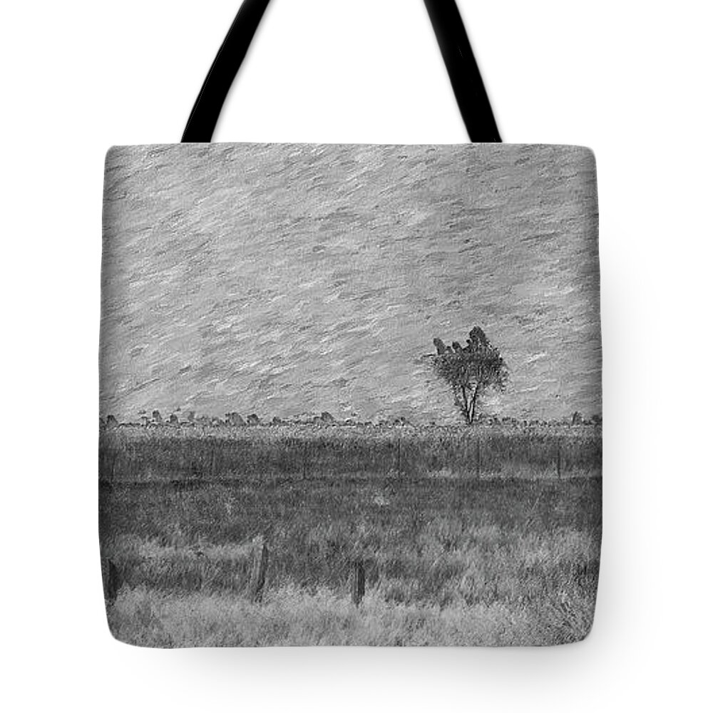Tree Tote Bag featuring the mixed media Lonely Tree Pano Painterly Grayscale by Jennifer White