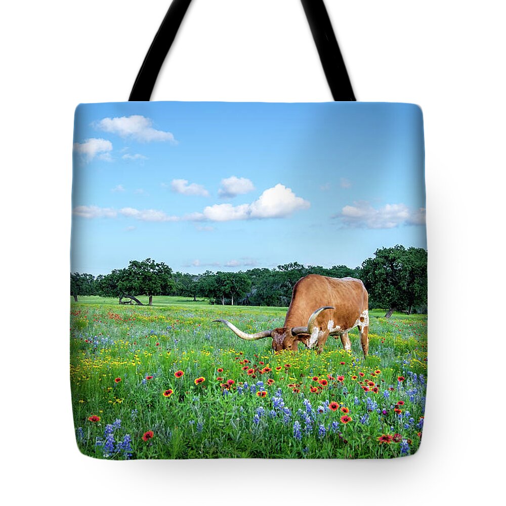 Texas Wildflowers Tote Bag featuring the photograph Longhorns In Bluebonnets II by Johnny Boyd