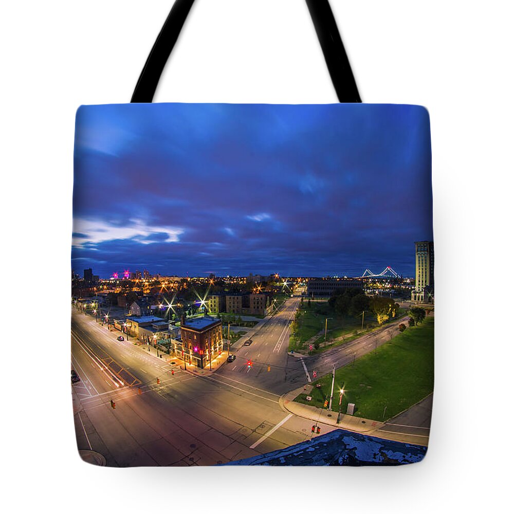 Detroit Tote Bag featuring the photograph Looking down on Corktown by Jay Smith
