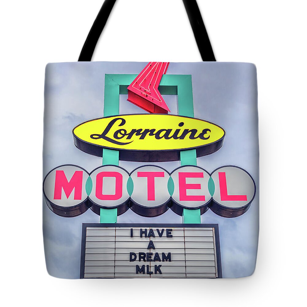 Memphis Tote Bag featuring the photograph Lorraine Motel Sign by Susan Rissi Tregoning