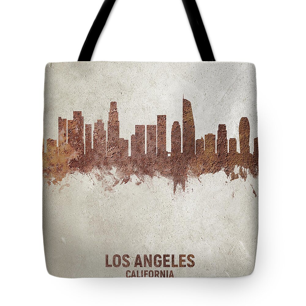 Los Angeles Tote Bag featuring the digital art Los Angeles California Rust Skyline by Michael Tompsett