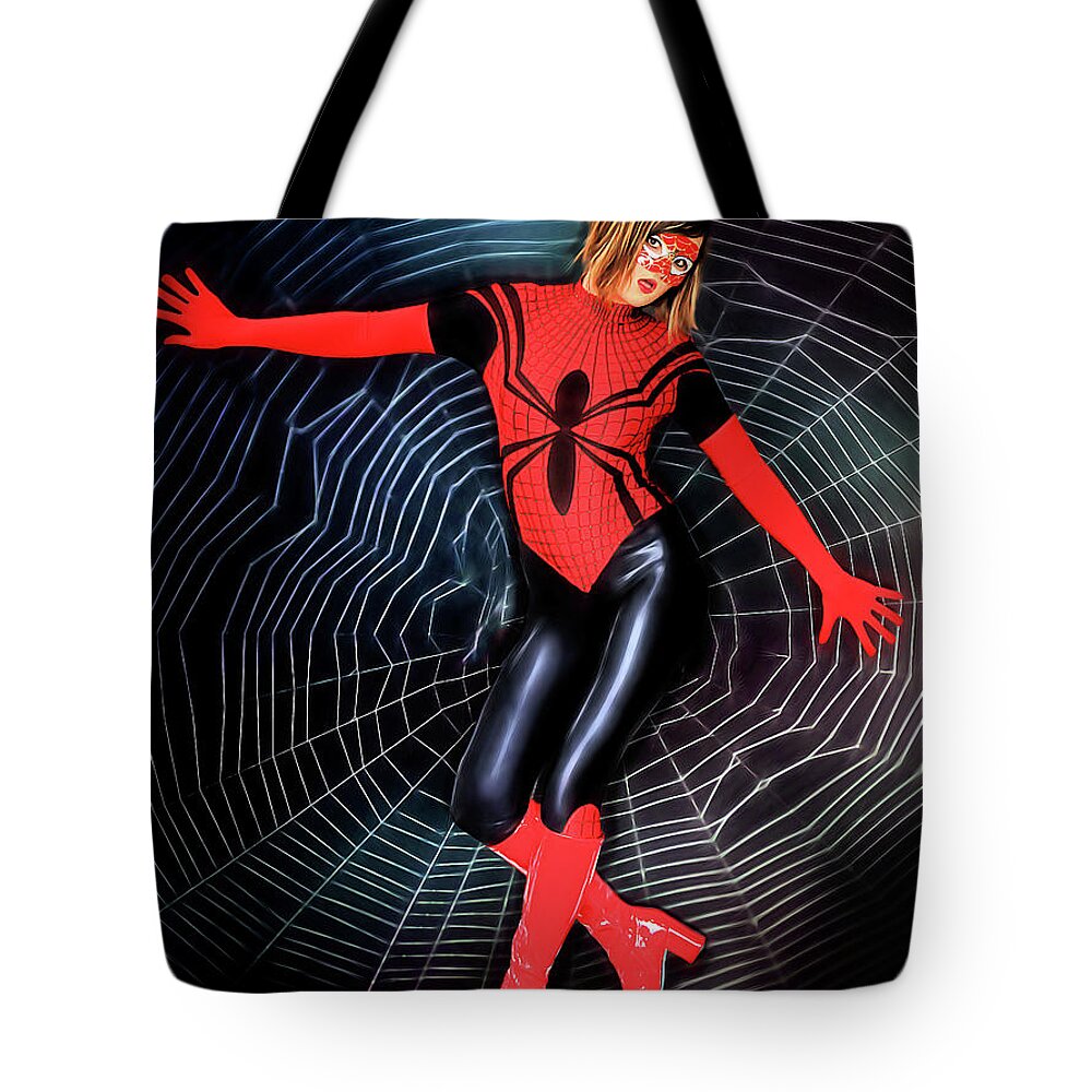 Spider Tote Bag featuring the photograph Lost In The Web by Jon Volden