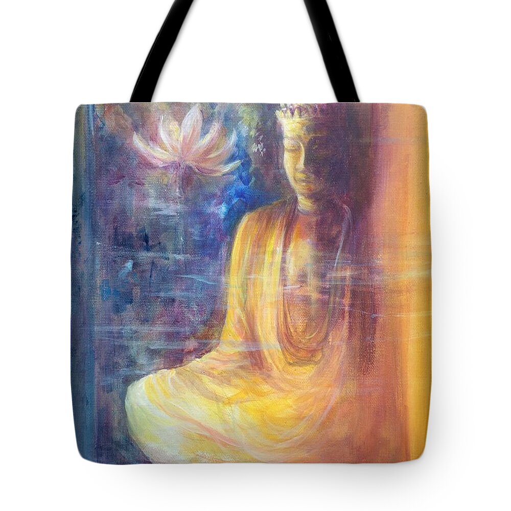 Dorje Sempa Tote Bag featuring the painting Lotus flower before a Diamond mind Dorje sempa by Lizzy Forrester