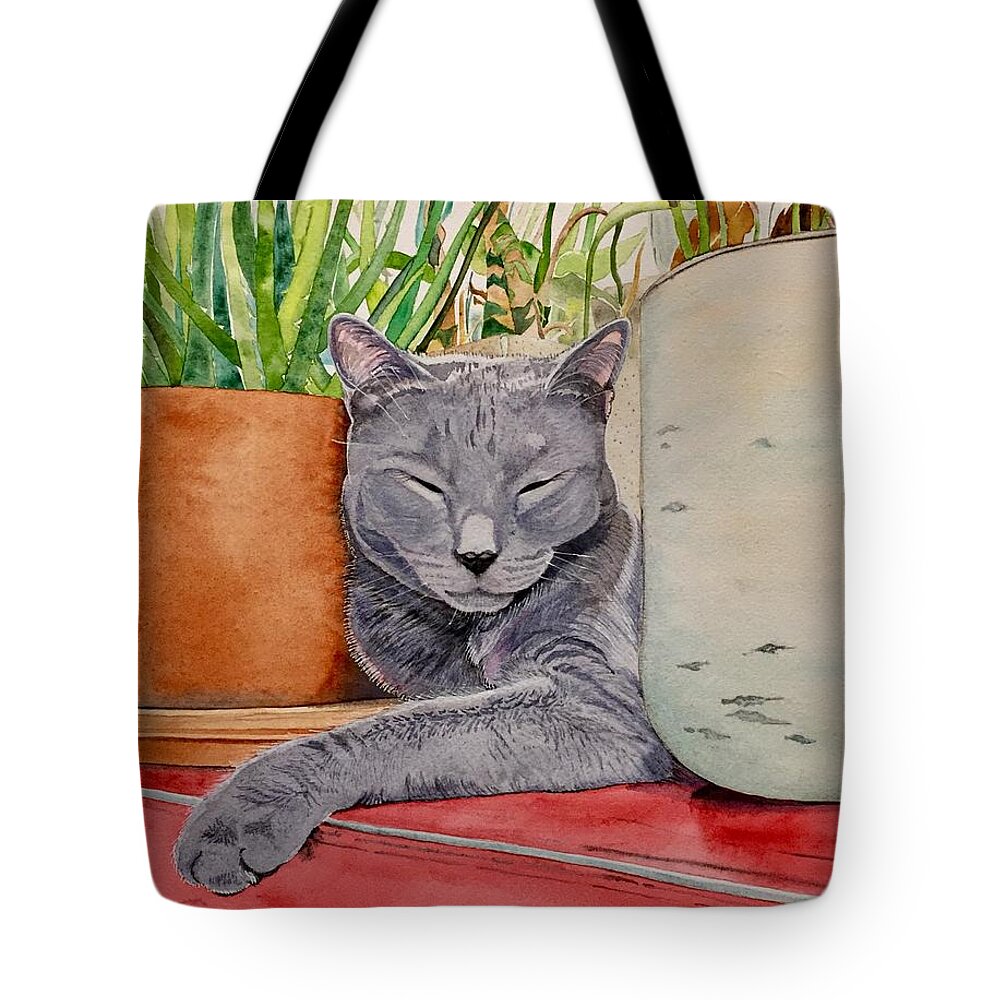 Cat Tote Bag featuring the painting Louie in an Urban Jungle by Sonja Jones