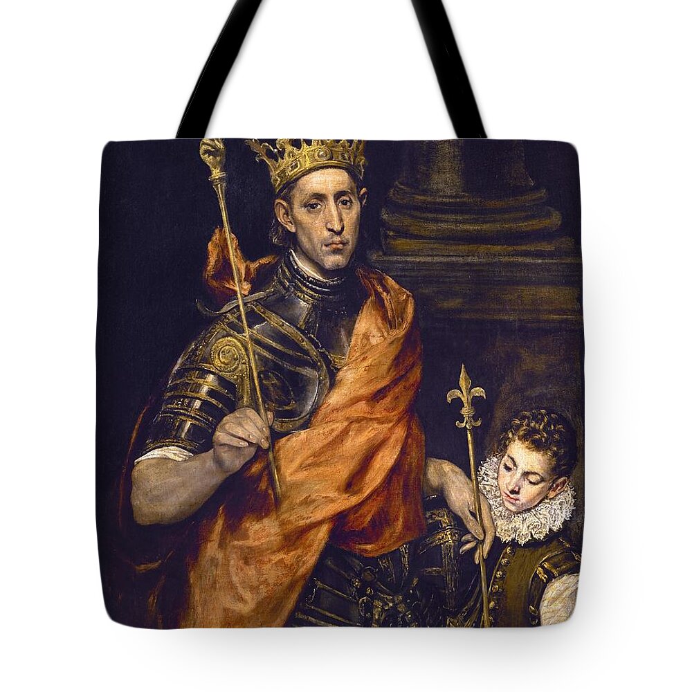 El Greco Tote Bag featuring the painting 'Louis IX of France, and a Page', 1585-1590, Oil on canvas, 120 x 96 cm. EL GRECO . by El Greco -1541-1614-