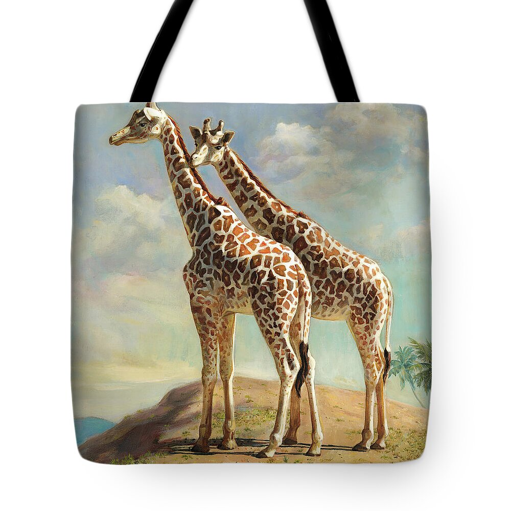 Giraffe Tote Bag featuring the painting Love Among Giraffes by Svitozar Nenyuk