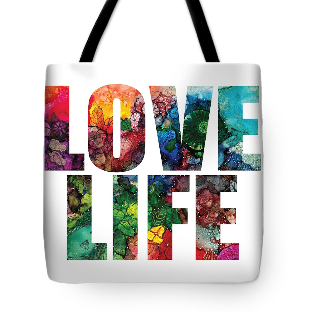 Word Art Tote Bag featuring the digital art Love Life Word Art Sunrise Explosion by Conni Schaftenaar