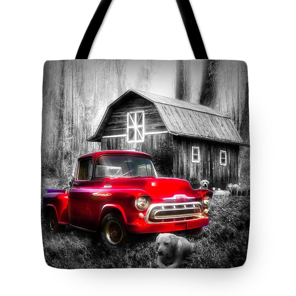 1957 Tote Bag featuring the photograph Love that Red Truck at Springtime Black and White in Square by Debra and Dave Vanderlaan